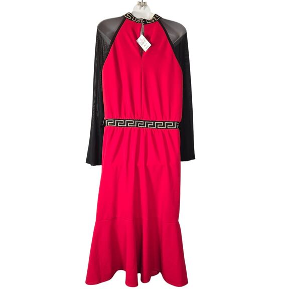 Ashley Stewart Womens 14/16 Red Midi Dress Black Mesh Sleeves Greek Key Trim NWT - Picture 4 of 12